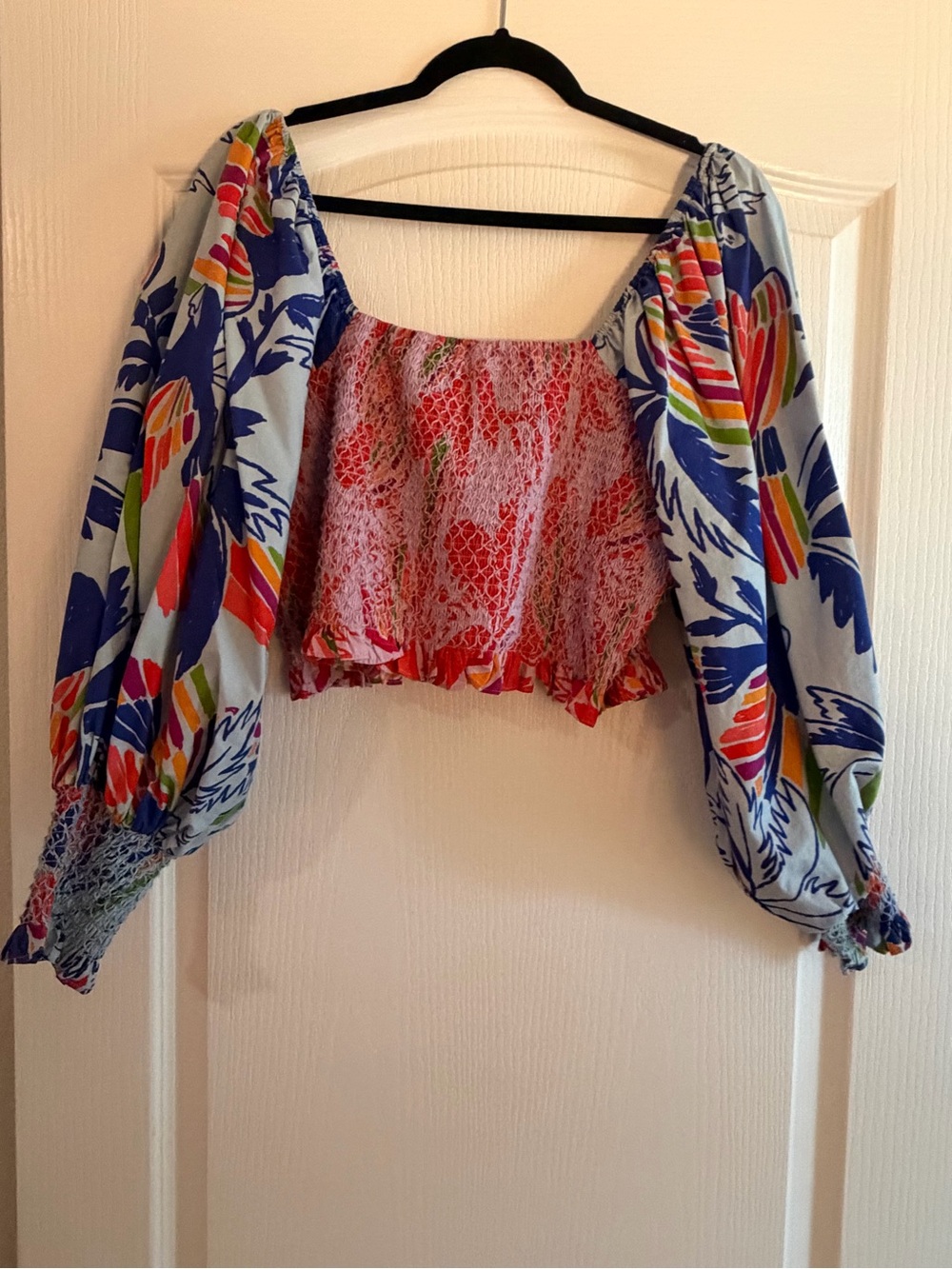 FARM Rio Multicolor Floral Smocked Puff Sleeve Crop Top XL - Picture 3 of 7